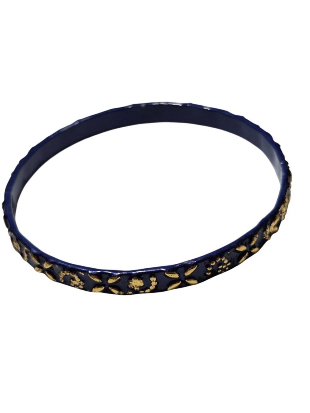 Handcrafted Floral Pattern Bangle Bracelet Blue Gold Engraved Retro Fashion